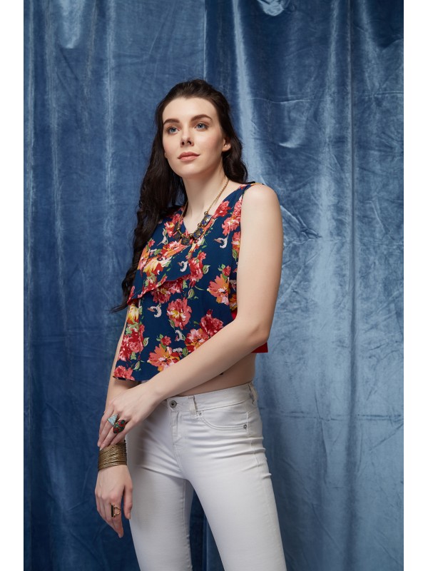 Dark Blue Floral Printed V-Neck Sleeveless Overlapping Crop Top